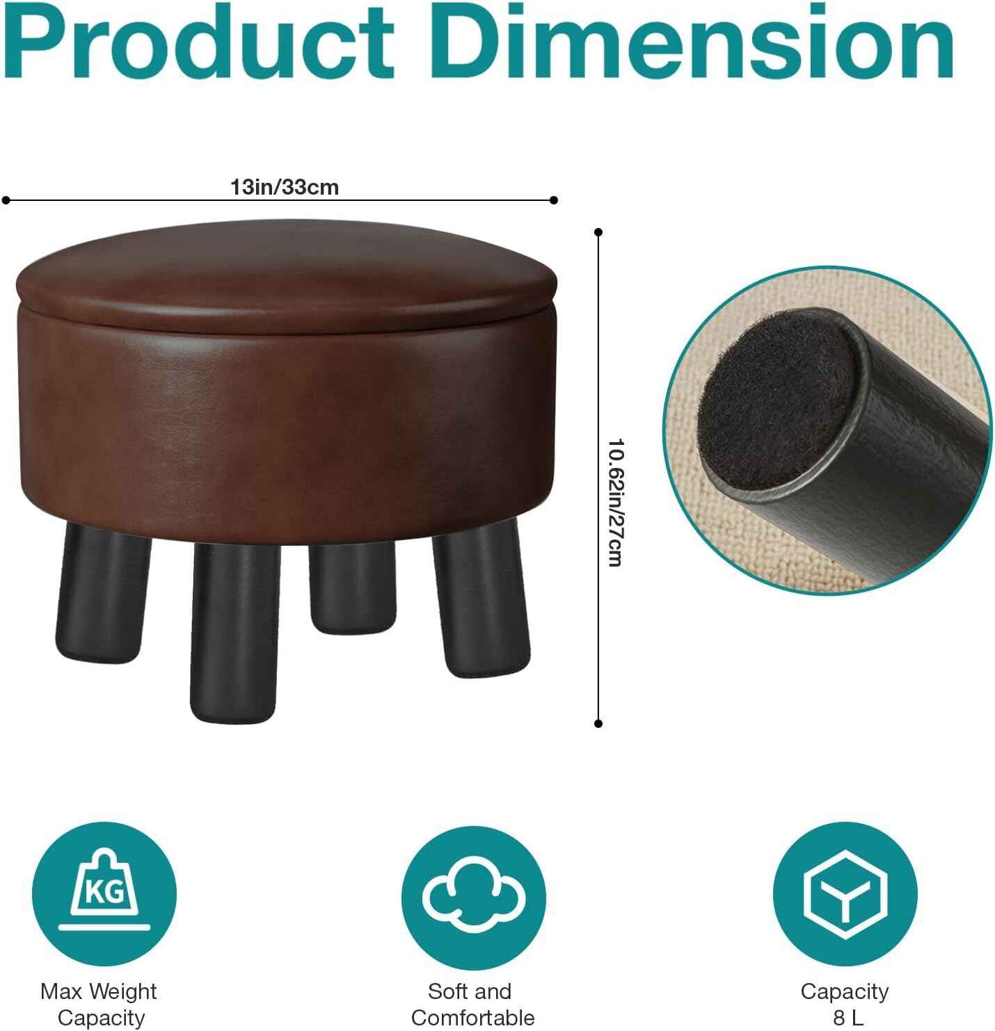 Small Foot Stool Ottoman with Storage, Faux Leather Ottoman Foot Rest for Couch, Round Footstool Ottomans for Living Room (Brown)
