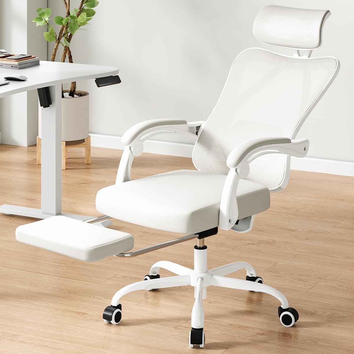 Ergonomic Office Chair with Footrest, Mesh Office Desk Chair with Headrest, High Back Computer Chair with Adjustable Lumbar Support for Home Office Study Room or Bedroom, Beige