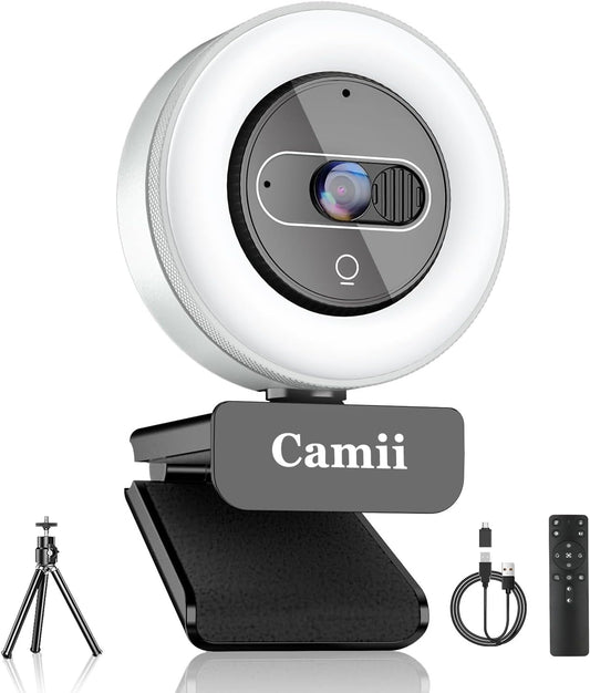 4K Webcam with Light, HD Webcam for PC with Remote Control, Built-in Privacy Cover, Adjustable Brightness, Noise Reduction Mics, for Zoom Skype Teams Laptop and Google Meet