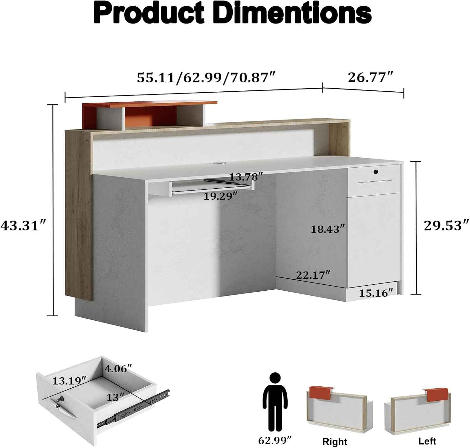 Modern Reception Desk with Counter & LED,Front Office Desk with Drawer, Keyboard Tray & Cabinet, White Stone Look & Wood for Hotel, Salon, Retail, Office Lobby (Right, 70.86 in)