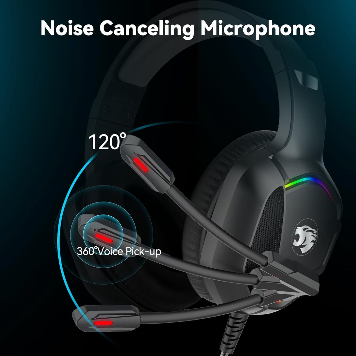 Gaming Headset with Microphone for Pc, Xbox One Series X/s, Ps4, Ps5, Switch, Stereo Wired Noise Cancelling Over-Ear Headphones with Mic, RGB, for Computer, Laptop, Mac, Nintendo, Gamer (Black)