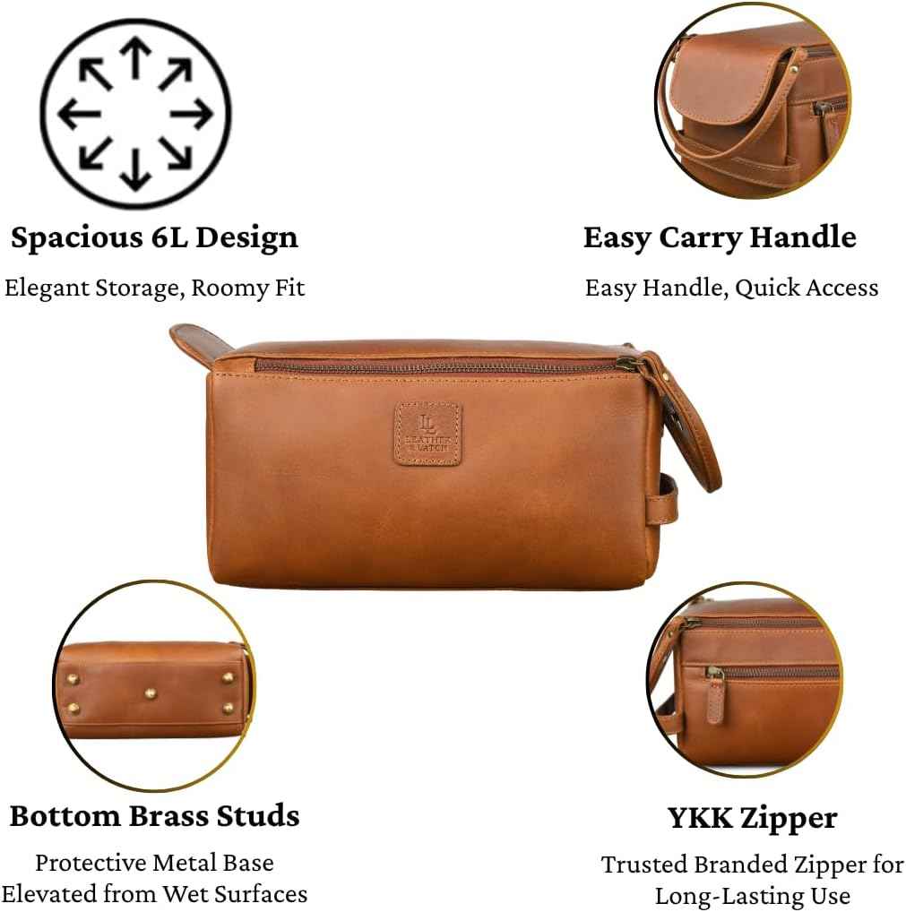 Full Grain Leather Toiletry Kit for Men & Women – Travel Toiletries & Shaving Bag Organizer, Water-Resistant Grooming Case for Bathroom, Makeup & Cosmetic Storage - Cognac Brown