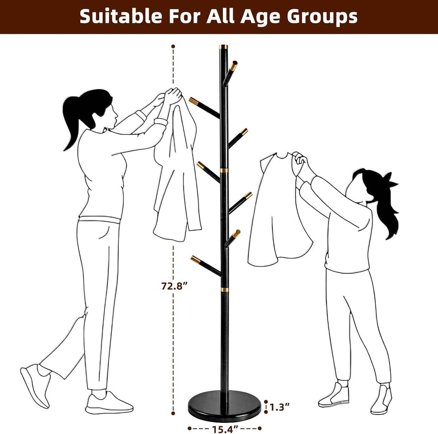 Uniclinens Coat Rack Freestanding Solid Wood Coat Tree Standing with 7 Hooks, Coat Rack Stand Creative Tree Branch-look (Black)
