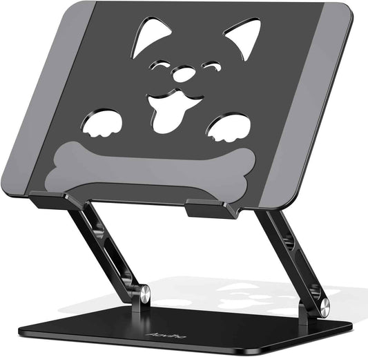 Aoviho Laptop Stand for Desk-Adjustable, Foldable, Portable, Ergonomic Aluminum Notebook Riser with Unique Puppy Cooling Vent, Desk Gift for 10"-17.3" Devices Mac, Dell, HP, Lenovo, Samsung, Black