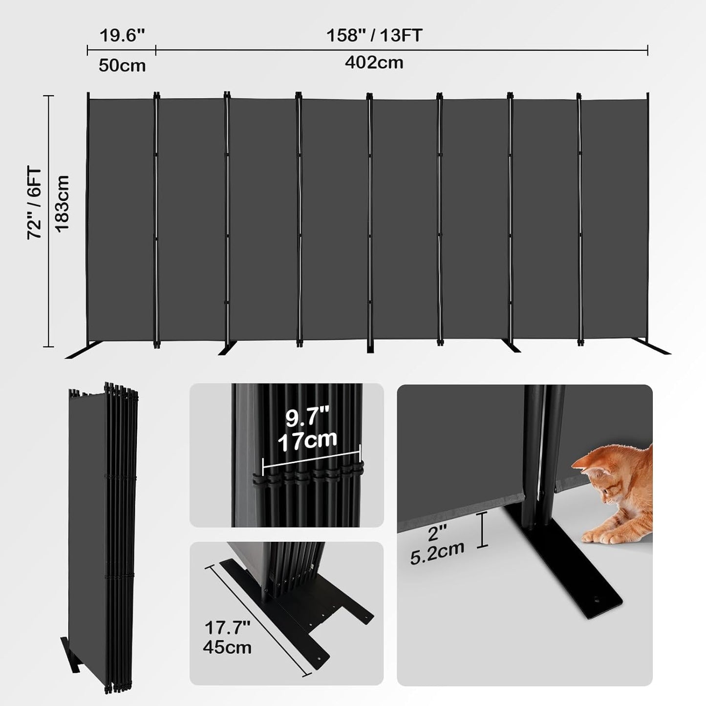 MAYOLIAH 8 Panel Room Divider 6ft Tall Freestanding Privacy Screen 160'' W Portable Office Partition, Grey