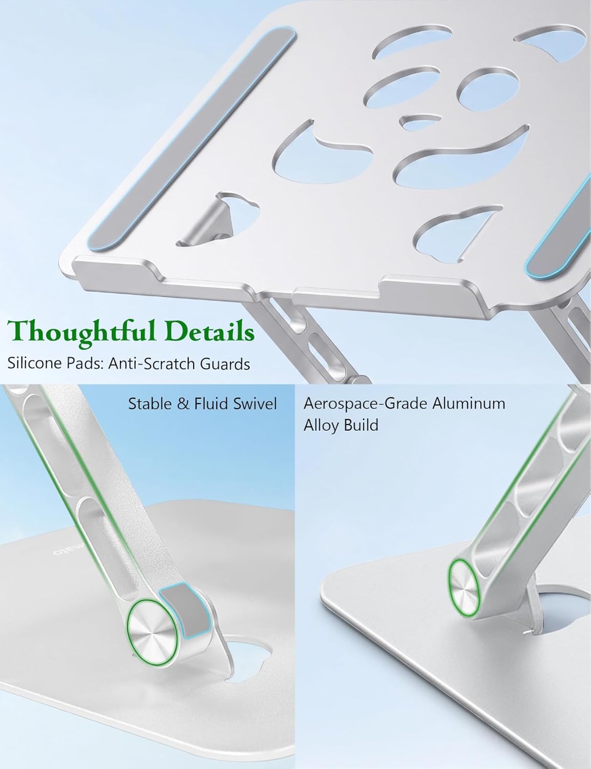 Laptop Stand for Desk - Adjustable Aluminum Laptop Riser with Unique Panda Shaped Vent, Portable Foldable Notebook Holder for Home & Office, Fit for MacBook, HP, Dell, 10-16.3" Silver