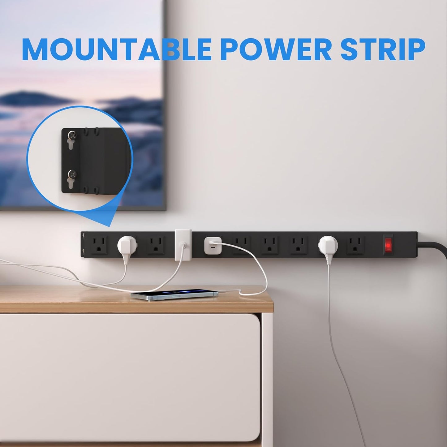 10 Outlet Metal Power Strip with 12Ft/125V/15A Long Extension Cord Black Heavy Duty Power Strip for Kitchen,Office,School,Commercial,Workshop,Industrial,ETL Certified and Listed,Black(12FT)