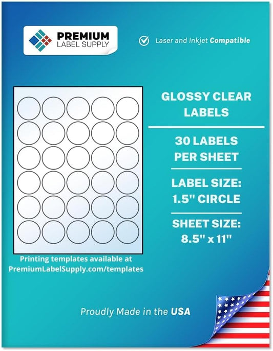 Premium Label Supply Glossy Clear Sticker Round Labels – 1.5" Circle – Laser/Inkjet Compatible – (30 per Sheet), 100 Sheets –3,000 Total Adhesive Labels