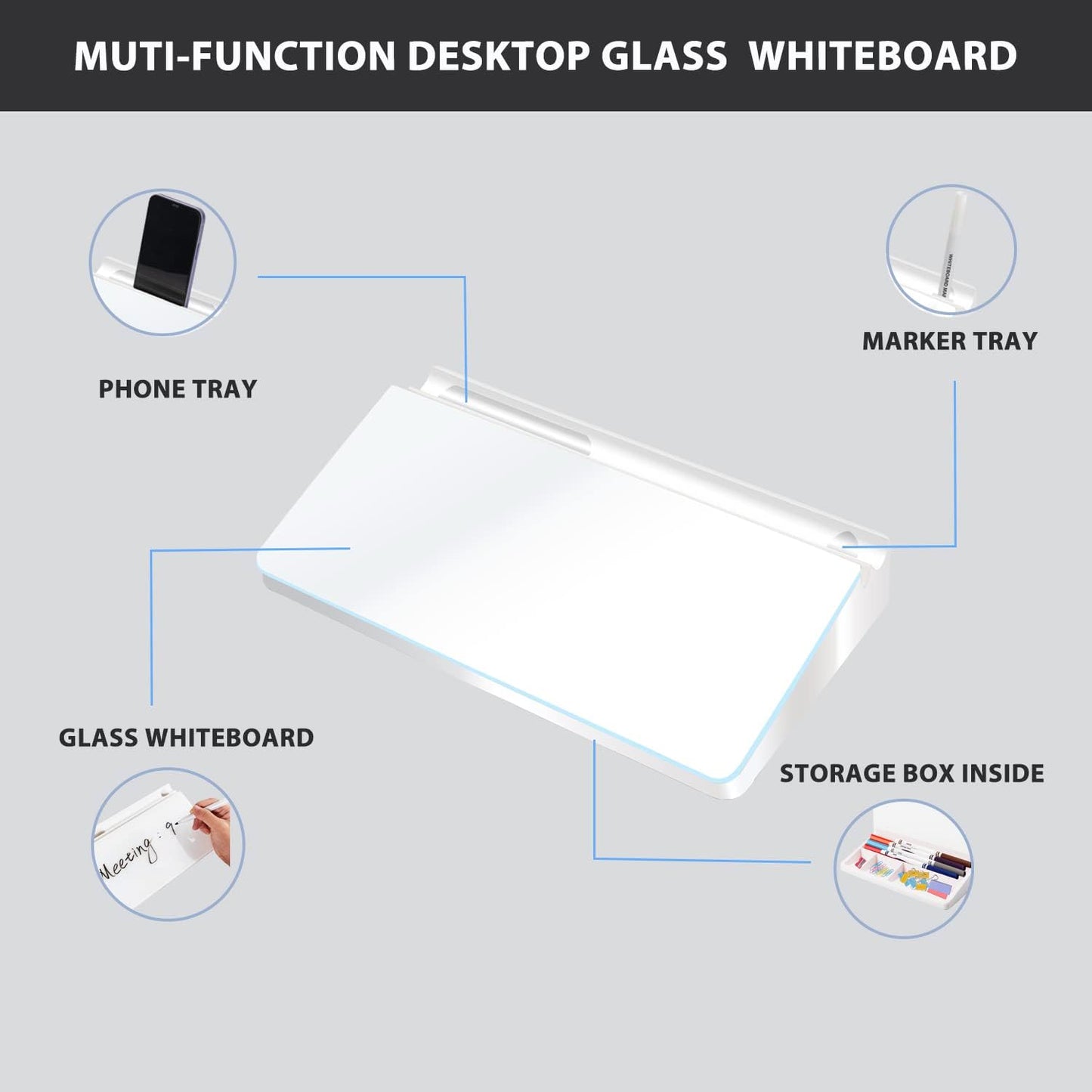 Glass Desktop Whiteboard Dry Erase Board Computer Keyboard Stand Desk White Board Organizers with Accessories 2 Markers,1 Eraser for Office, Home, School Supplies