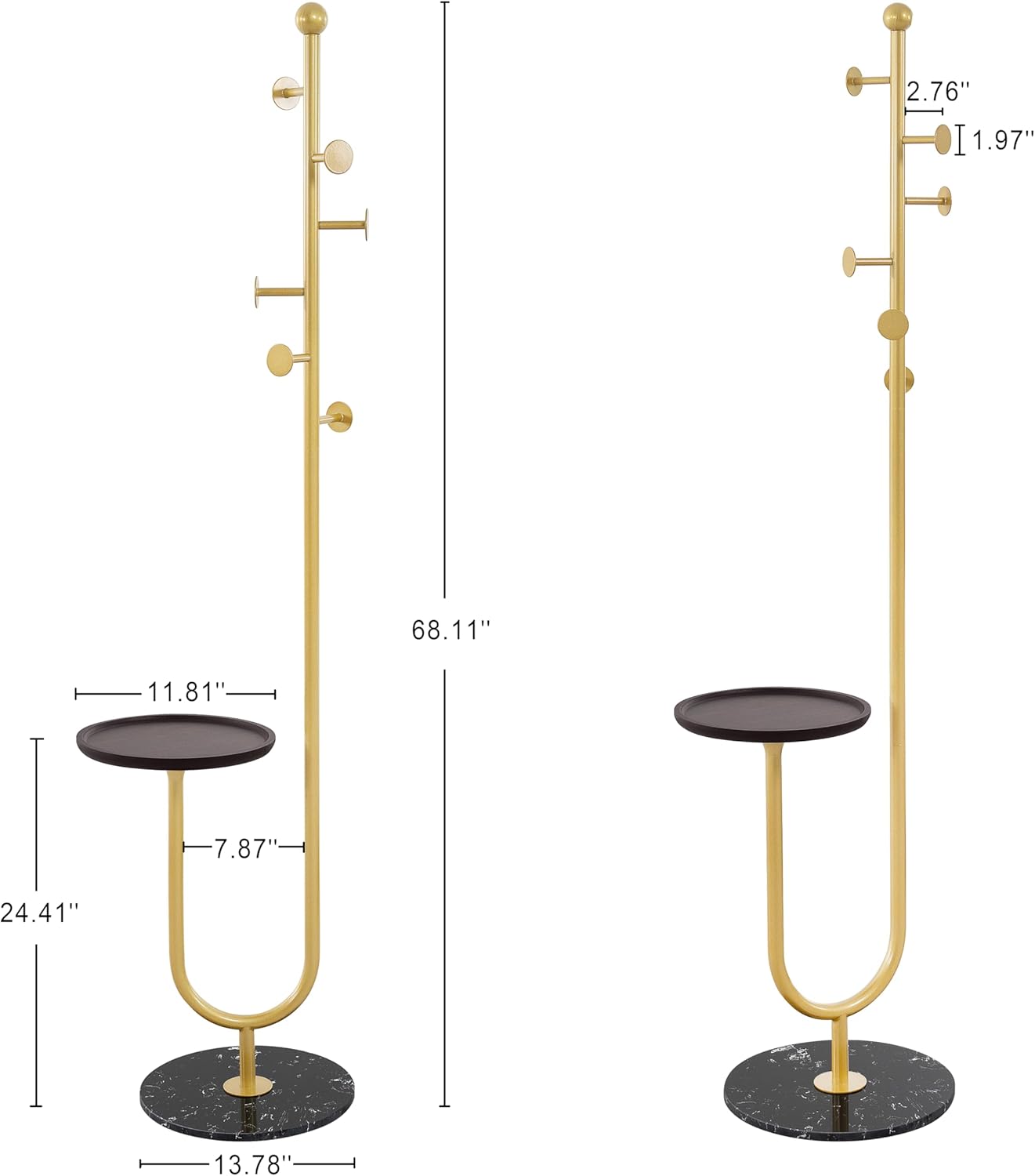 Coat Rack Stand, Metal Coat Tree with Bamboo Tray & 6 Hooks, Heavy Duty Marble Base Corner Coat Stand for Bedroom Hallway Entryway Living Room Office 13.78 x 13.78 x 68.11 Inches (Gold) - Lumora Desk
