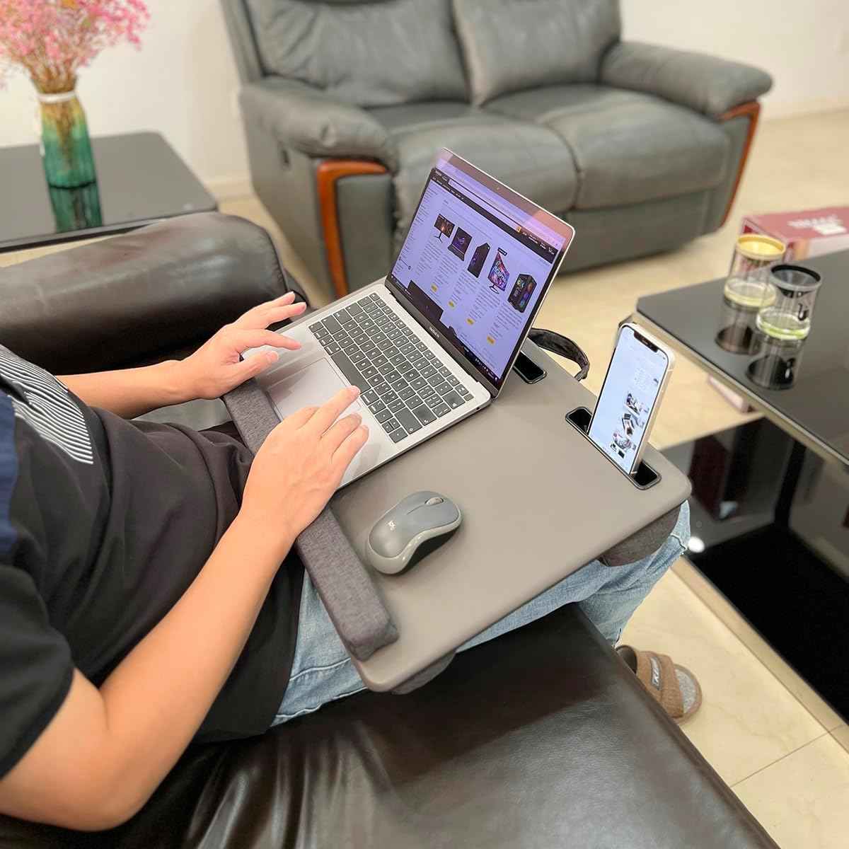 Lap Desk Home Office Lap Desk Portable Laptop Desk for Left Right - Handers with Whole Mouse Pad Wrist Pad Dual Cushion Phone Tablet Slots Fits Up to 17 Inch Laptops