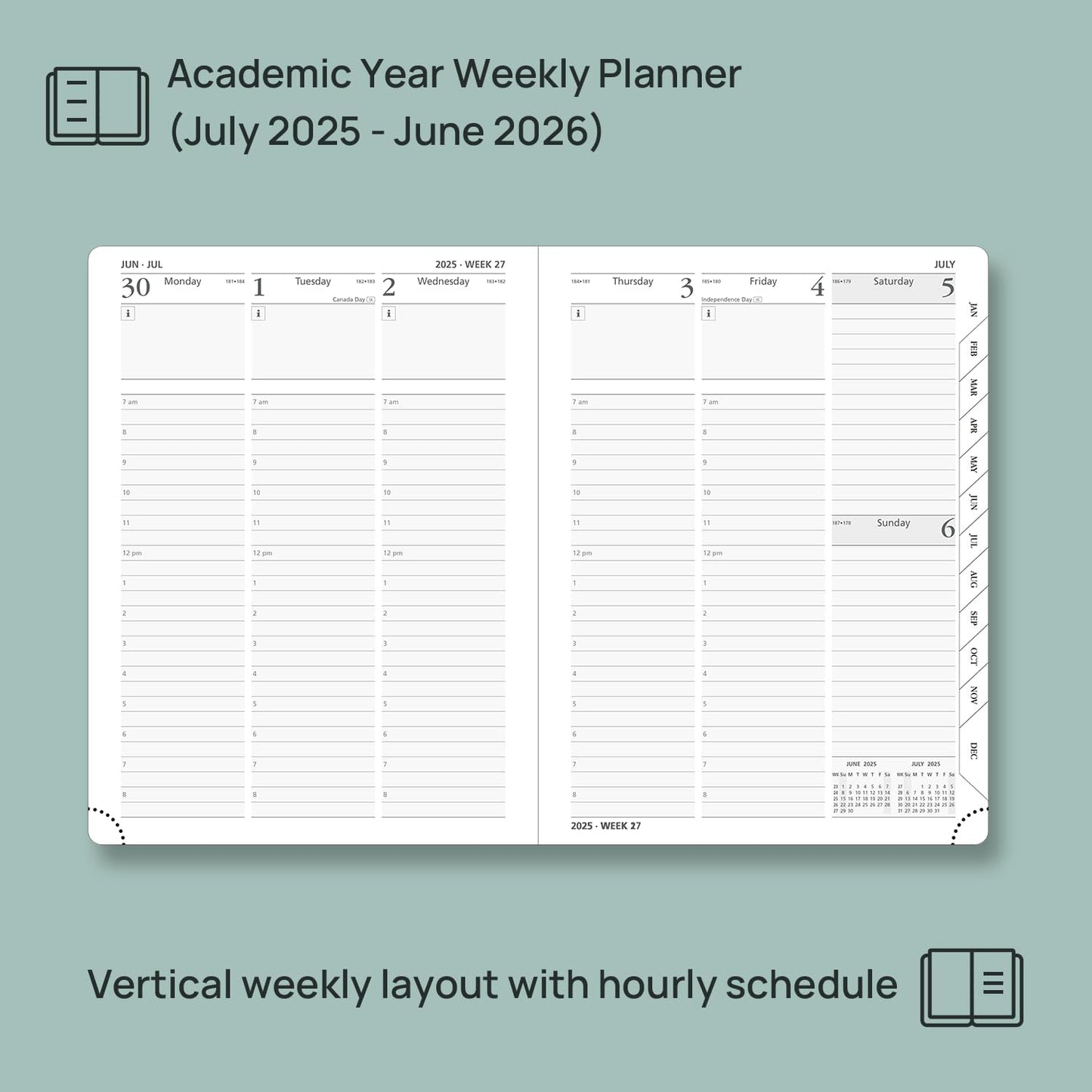 POPRUN Planner 2025-2026, (Medium 6.5'' x 8.5'' Hard Cover) Academic Calendar (July 25-June 26) Daily Weekly and Monthly Appointment Book with Hourly Time Slots, Monthly Tabs, 100 GSM - Pacific Green