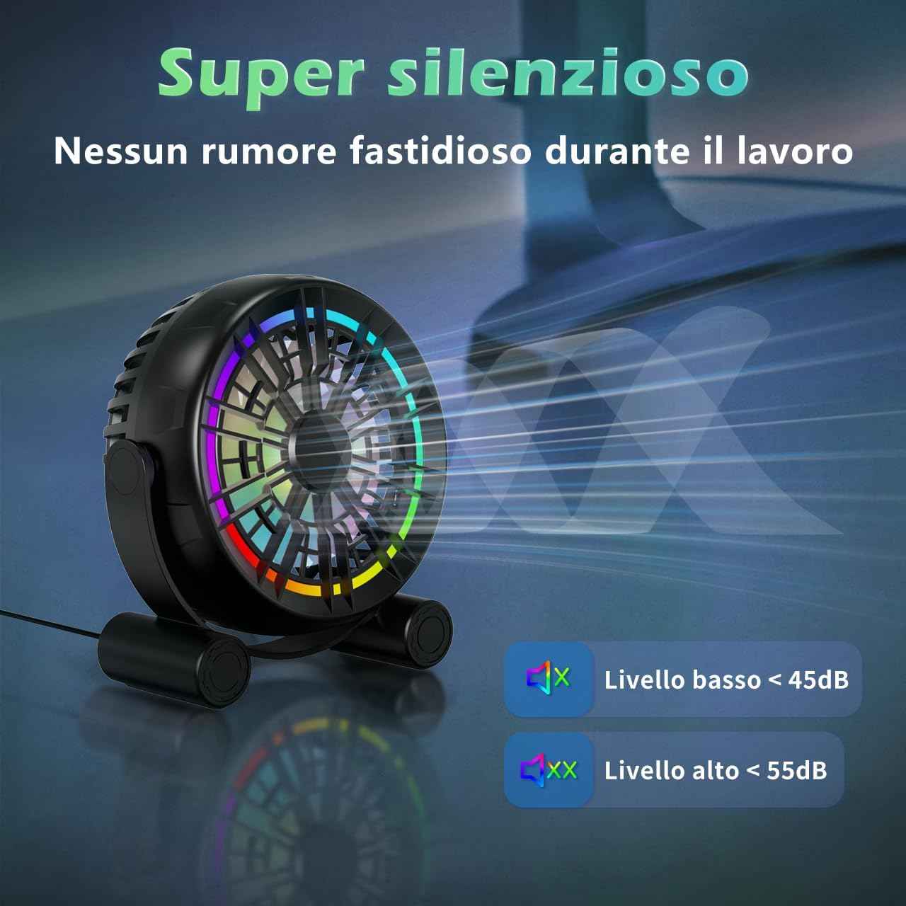 USB RGB Desk Fan - 3 Speeds Quiet Portable Table Fan, 8 Color LED Lights, 360° Rotation, Small Fan for Home Office Desktop Bedroom