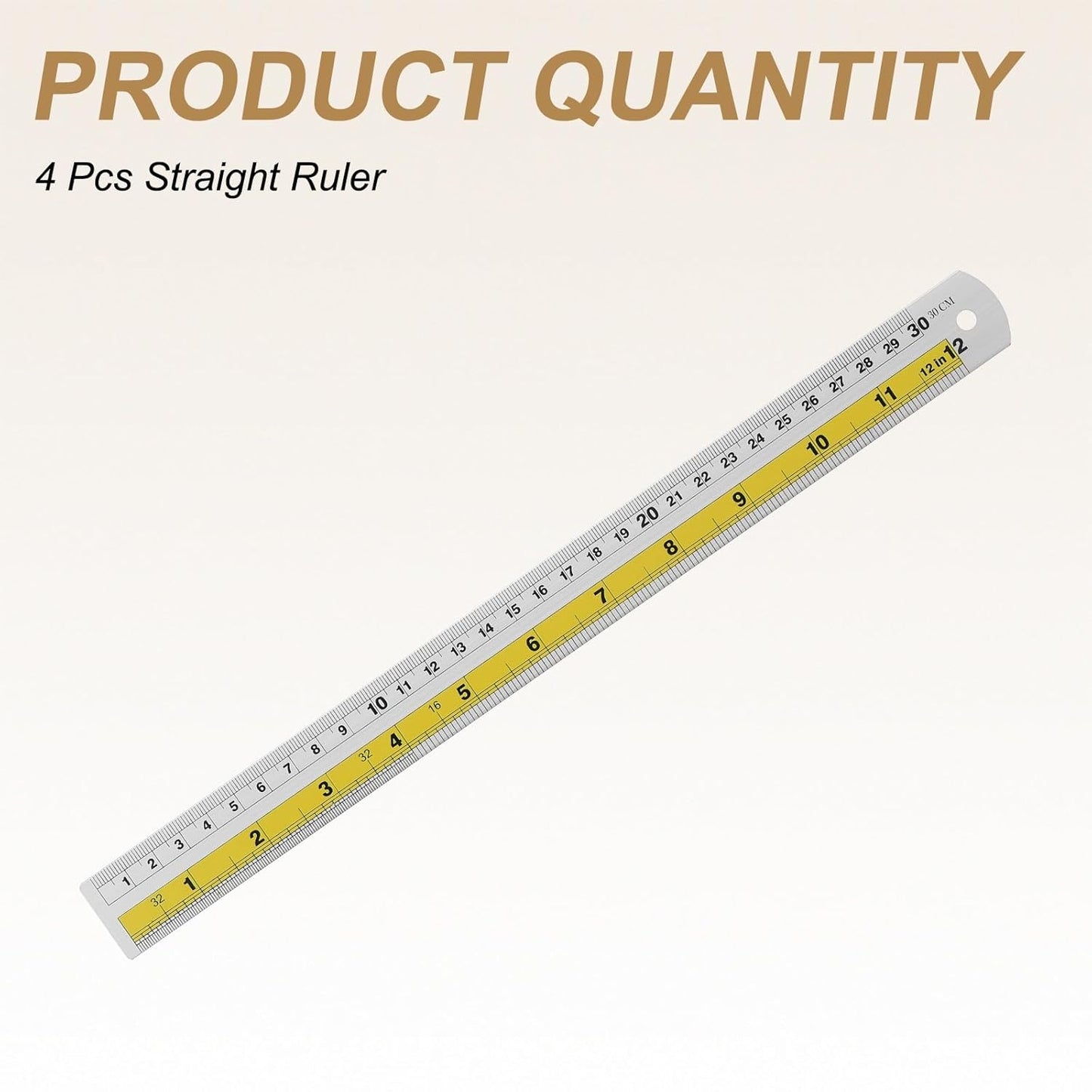 HARFINGTON 4pcs Metal Straight Ruler 30cm Metric SAE Aluminum Alloy Measuring Rulers Scale Tool with Hole for Measure Study Reading Classroom Office, Yellow