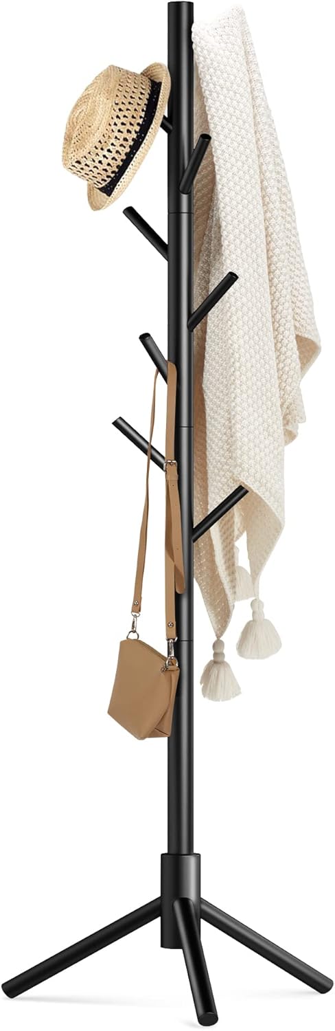 Haddockway Wooden Coat Rack Stand with 8 Hooks New Zealand Pine 3 Adjustable Coat Standing Tree Easy Assembly for Coats, Hats, Scarves and Handbags for Entryway, Hallway, Bedroom, Office - Lumora Desk