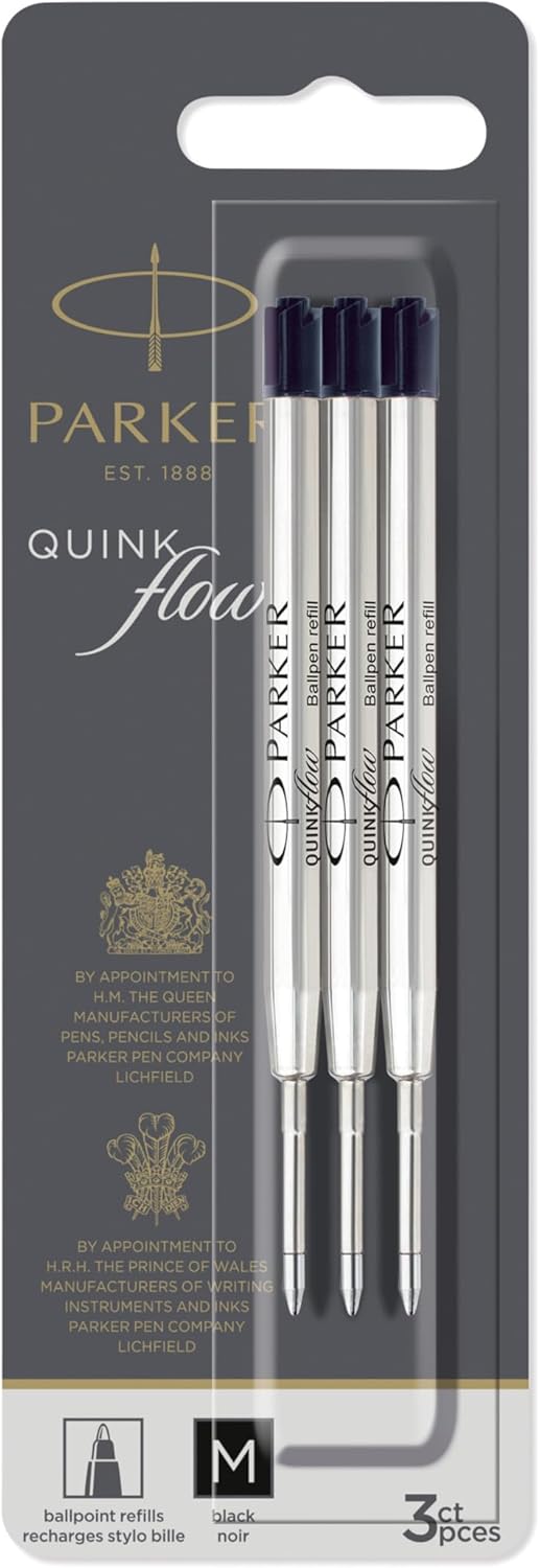 Parker QUINKflow Ballpoint Pen Ink Refills, Medium Tip, Black, 3 Count - Smooth Writing