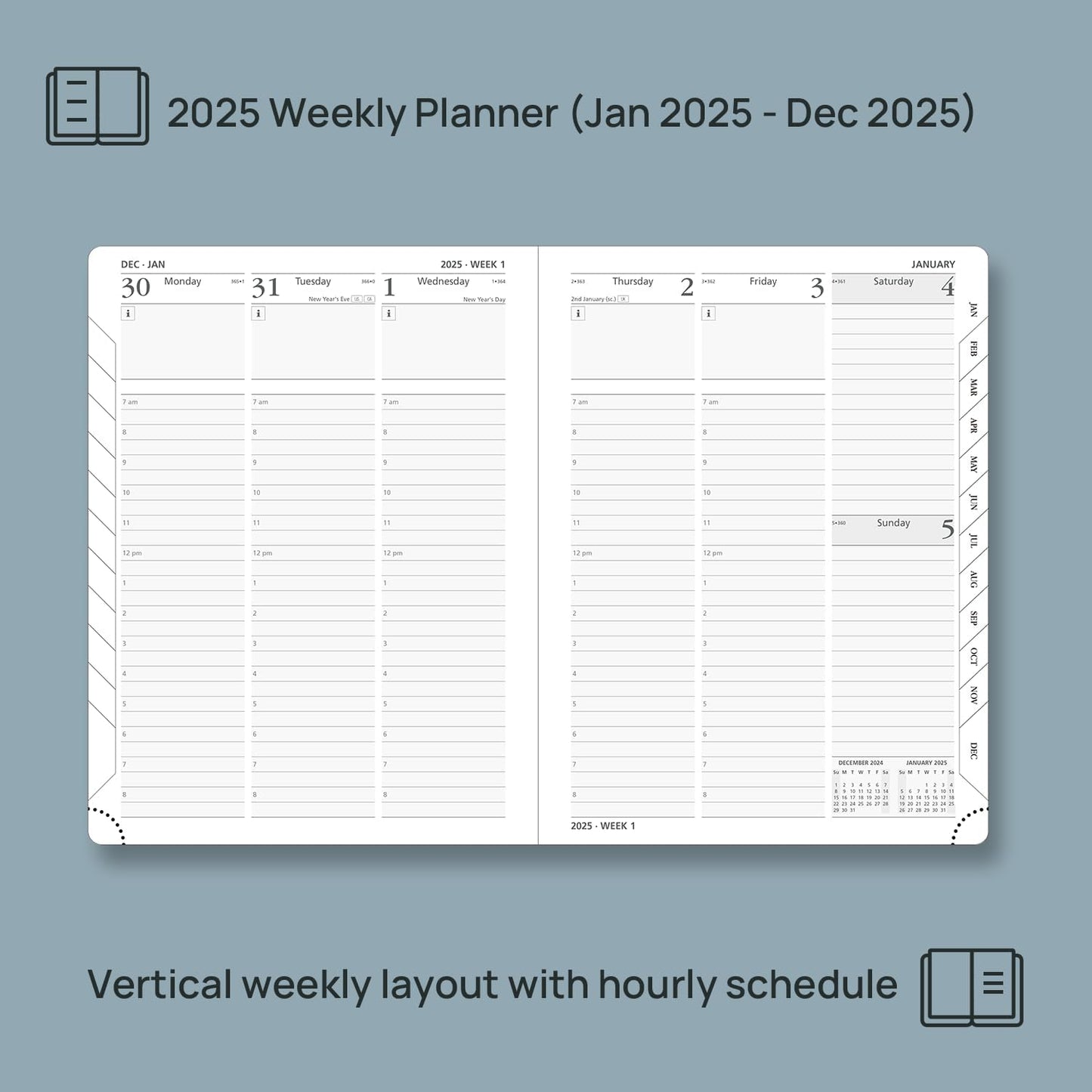 POPRUN 2025 Planner (Medium Size 8.5''x 6.5'' Hardcover) - Daily Weekly and Monthly Calendar Agenda 2025 Appointment Book with Hourly Time Slots, Monthly Tabs, 100 GSM - Pacific Green