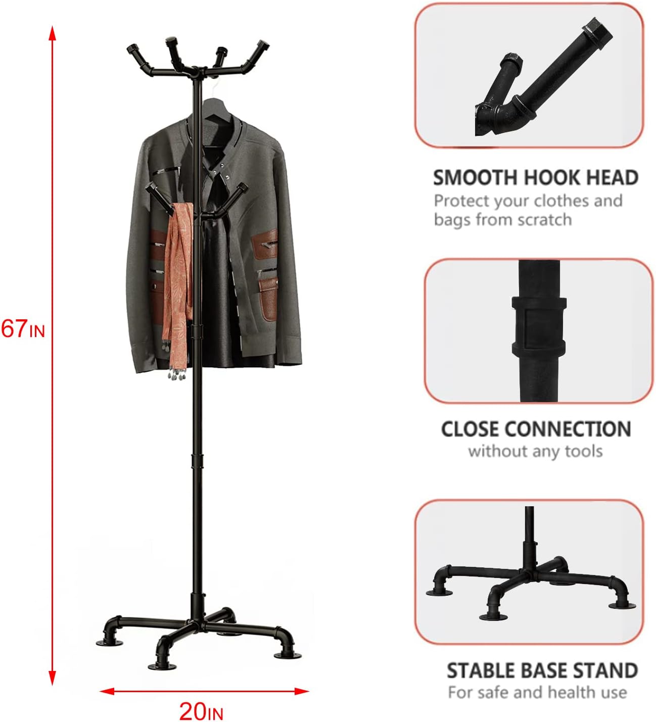 Industrial Coat Rack,Metal Pipe Coat Rack Stand Freestanding with 6 Hooks,Heavy Duty Coat Tree Sturdy Coat Racks for Entryway, Hallway, Bedroom (Black) - Lumora Desk