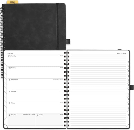 POPRUN 2026 Planner Weekly Notebook Calendar (Jan-Dec), Large Size 8.5'' x 10.5'' - Agenda 2026 Appointment Book with Monthly Tabs, Inner Pocket, Spiral Soft Cover, 100 GSM - Black