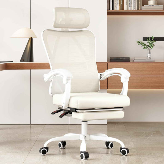 Ergonomic Office Chair with Footrest, Mesh Office Desk Chair with Headrest, High Back Computer Chair with Adjustable Lumbar Support for Home Office Study Room or Bedroom, Beige