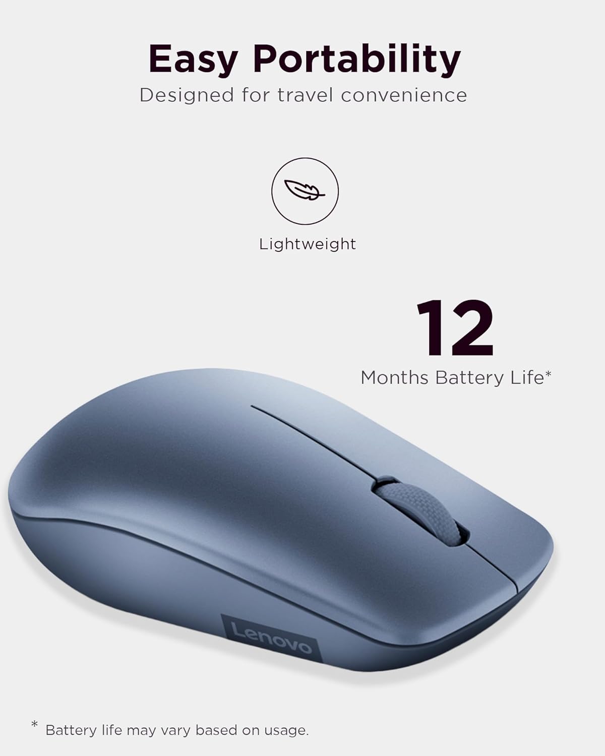 Lenovo 530 Wireless Mouse with Battery, 2.4GHz Nano USB, 1200 DPI Optical Sensor, Ergonomic for Left or Right Hand, Lightweight, GY50Z18986, Abyss Blue