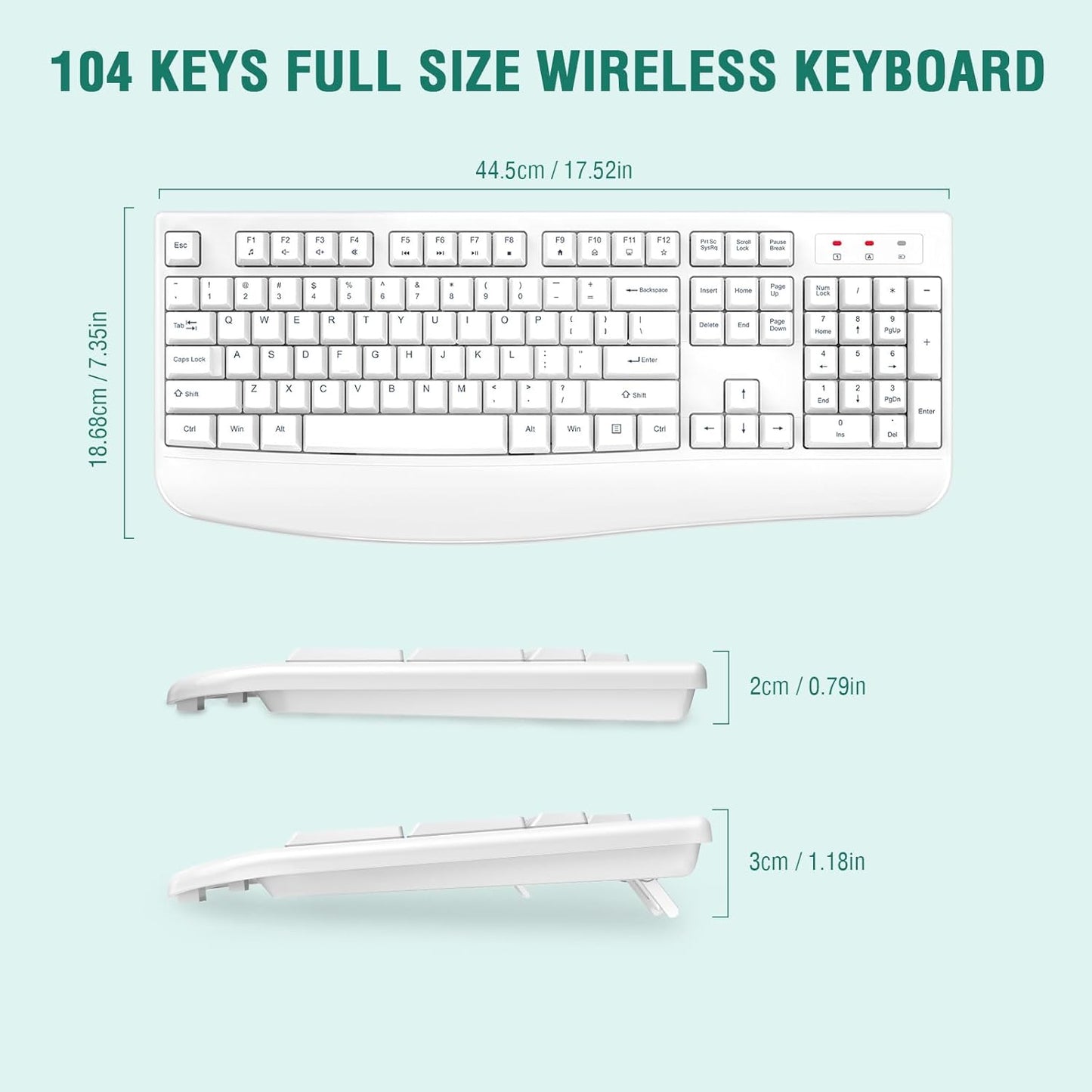 EDJO Wireless Keyboard, 2.4G Ergonomic Full Size Wireless Computer Keyboard with Wrist Rest for Windows, Mac OS Desktop/Laptop/PC White