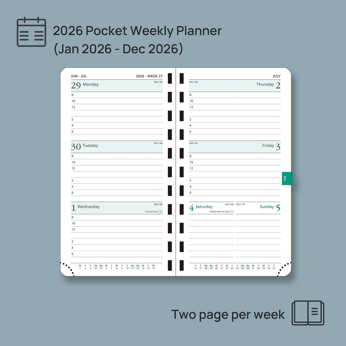 POPRUN 2026 Pocket Planner (Slim Size 3.5" x 6.5") Weekly and Monthly Calendar for Purse, with Hourly Time Slots, 100GSM Thick Paper, Spiral Soft Cover, Pen Holder - Pink