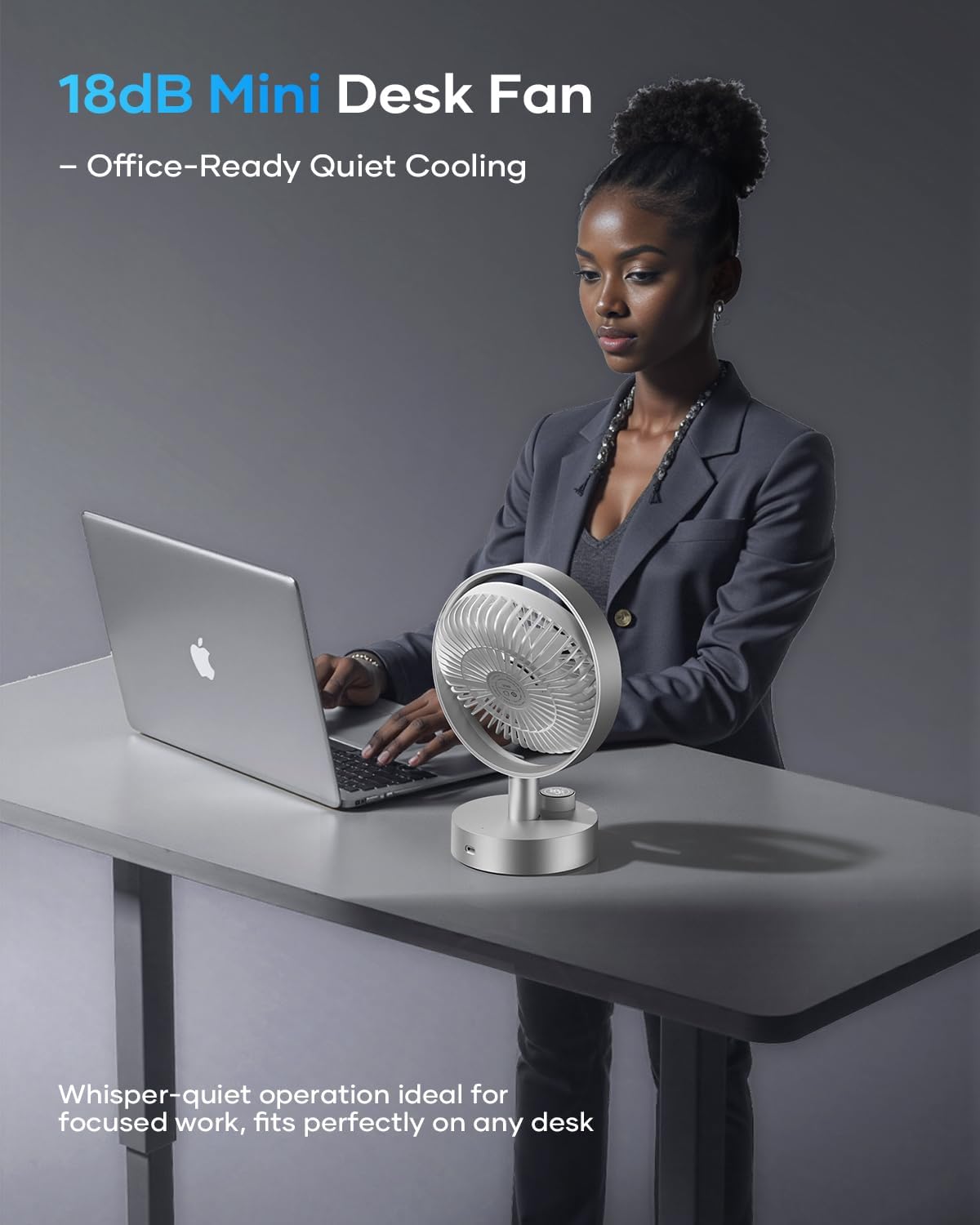 SOTHING Desk Fan, 18dB Ultra-Quiet, 6.6-inch Small Fan with 10-Speed, 160° Oscillating, 7hrs Battery Life, USB-C Rechargeable, Digital Display, Small Desk Fan for Bedroom, Dorm, Office - Silver
