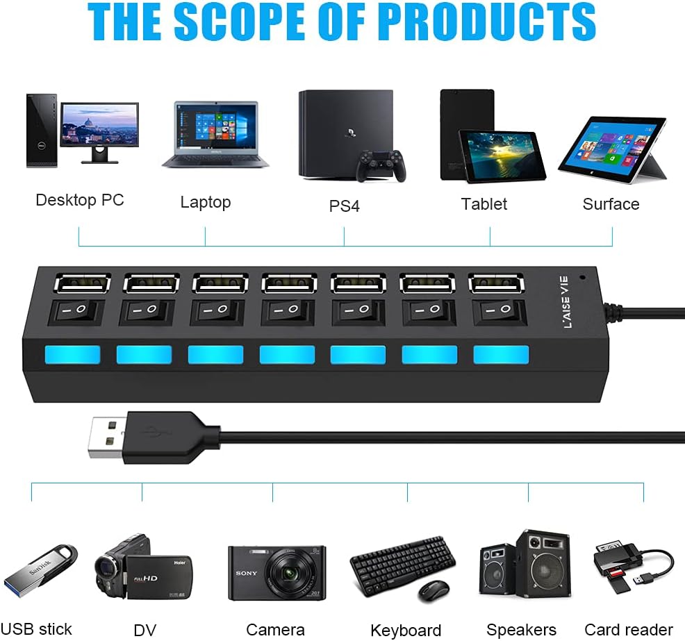 Multi Port Splitter, 7 Port USB 2.0 Hub, USB A Port Data Hub with Independent On/Off Switch and LED Indicators, Lights for Laptop, PC, Computer, Mobile HDD, Flash Drive and More (Black 2.0)