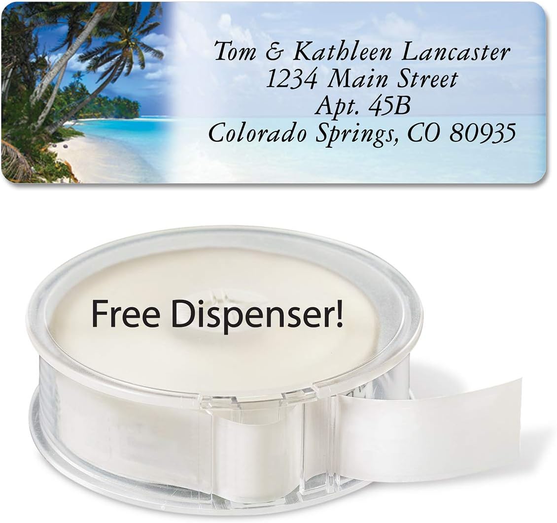Colorful Images Tropical Paradise Rolled Personalized Return Address Mailing Labels with Dispenser, Customize with Name & Shipping Address, 500 ¾” x 2½” Self Adhesive, Easy Peel Label Roll - Lumora Desk