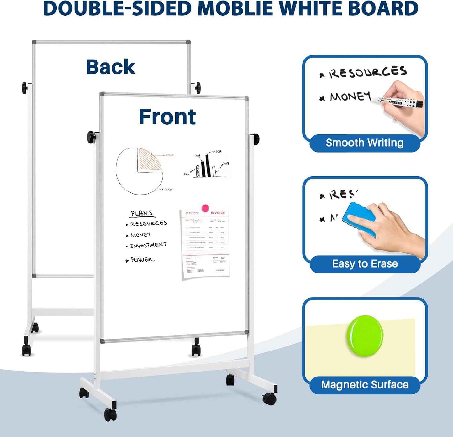 Rolling Whiteboard, 40" x 24" Magnetic Mobile White Board on Wheels, Double Sided, Height Adjustable Aluminum Frame Dry Erase Board with Stand for Office, Home, Classroom