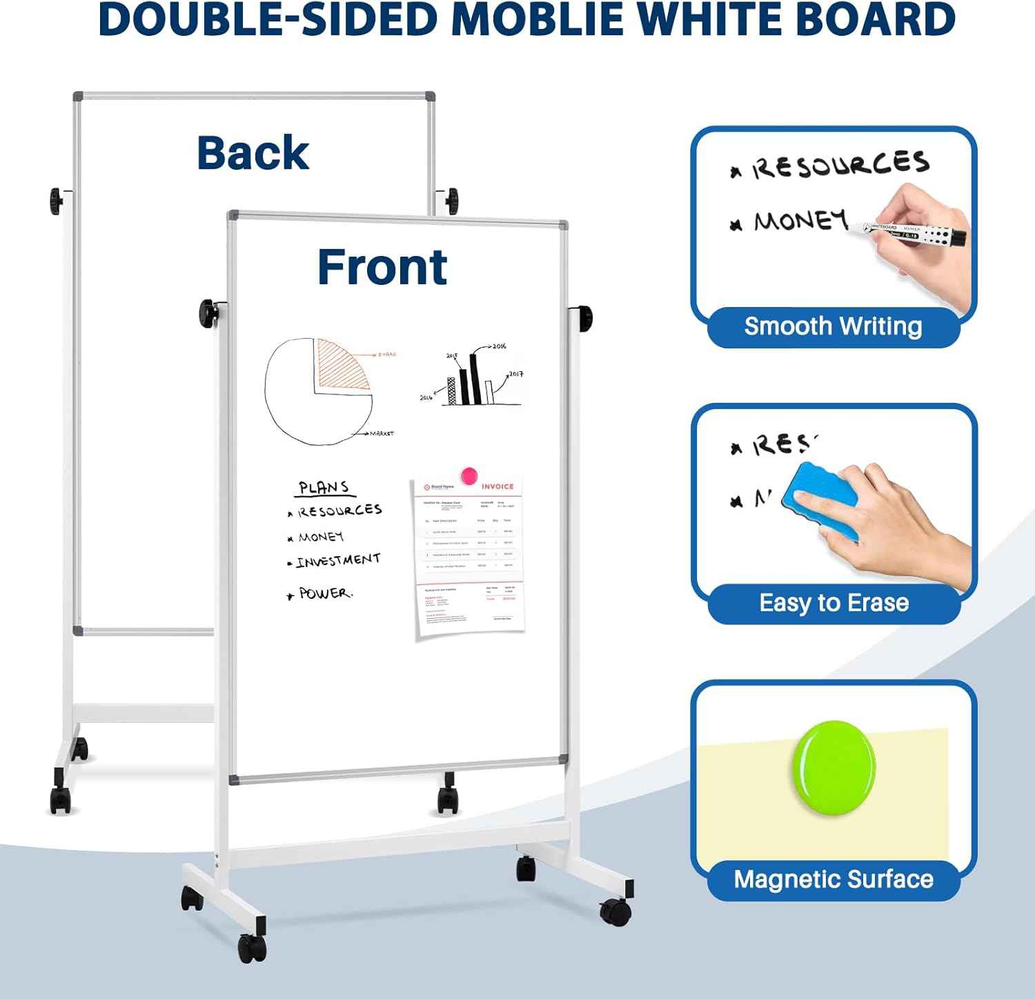 Rolling Whiteboard, 40" x 24" Magnetic Mobile White Board on Wheels, Double Sided, Height Adjustable Aluminum Frame Dry Erase Board with Stand for Office, Home, Classroom