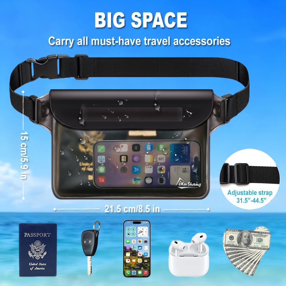Waterproof Fanny Pack Phone Pouch - 32FT Submersible Triple Zip Lock Dry Bag, Touchscreen Passport Wallet Travel Pouch for Beach Cruise Swimming Kayaking Boating Essentials