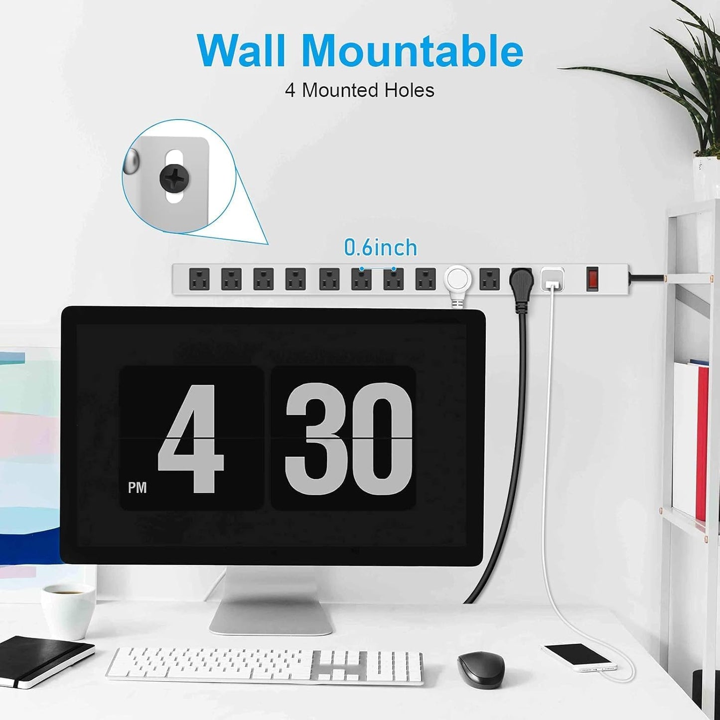 JUNNUJ Metal 12 Outlet Power Strip, Mountable Heavy Duty Power Strip, 1200J Surge Protector Wall Mount Screws Outlet with Switch, Gaming Desk Strips Wide Spaced 15A 125V 1875W, 3 FT 14AWG Power Cord