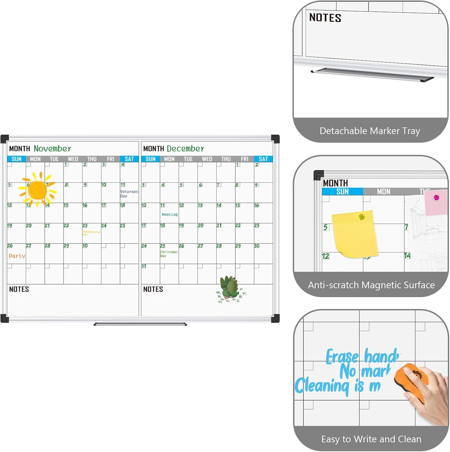 XBoard Magnetic Calendar Whiteboard 48" x 36" - 2 Month Dry Erase Board, White Board + Colorful Calendar Board, Silver Aluminium Framed Monthly Planning Board - Lumora Desk