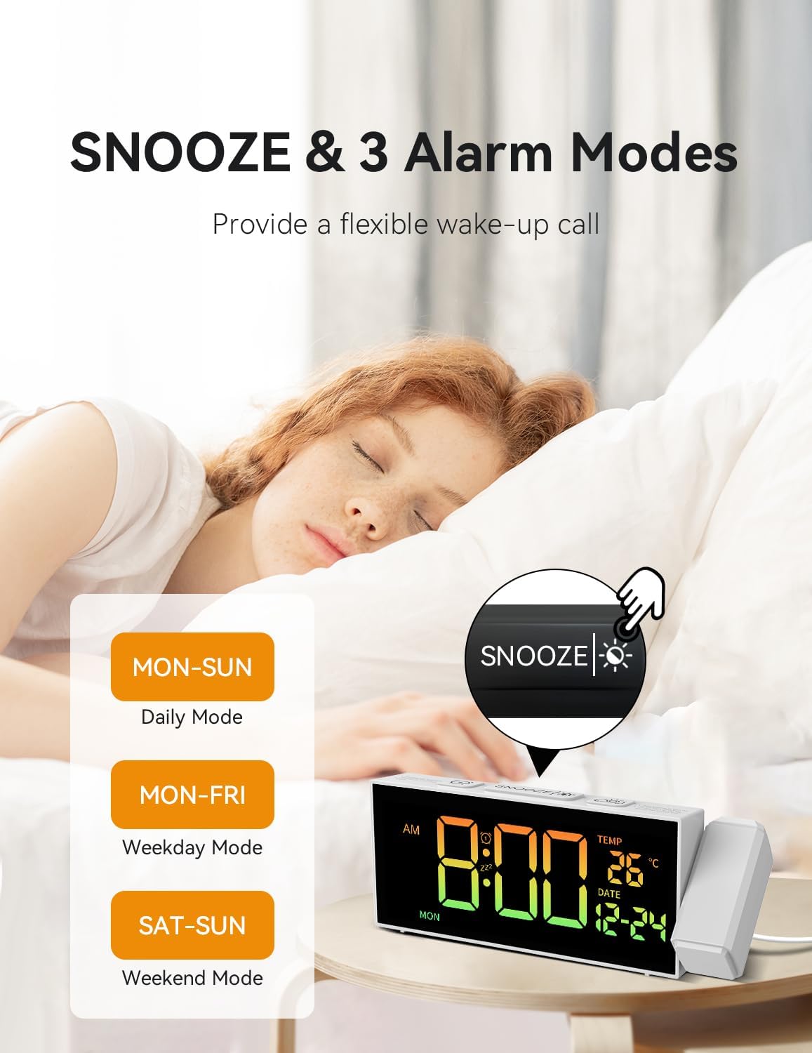 Netzu Projection Clock for Bedroom Ceiling, Alarm Clocks with 180° Rotatable Projector, Date Temperature and Weekday, Manual DST, 5 Brightness, 10 Ringtones, 4 Volumes (White RGB)