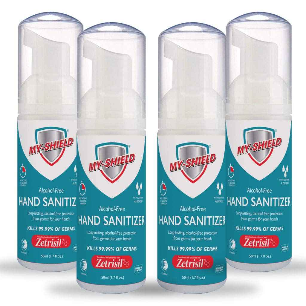 Hand Sanitizer Foam 1.7 oz (4 pack). Long-lasting protection. Softens hands with Aloe Vera. Formulated with Zetrisil. Alcohol FREE. FDA Registered
