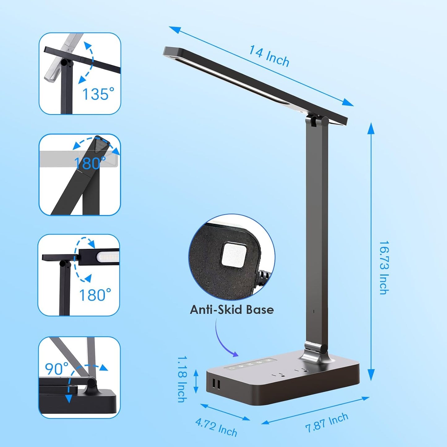 LED Desk Lamp with Power Strip: Table Lamp with Charging Station - 2 Outlets 1 USB-A Ports 1 Type-C Ports, Surge Protection, 5 Color Modes 5 Brightness for Home Office, College Dorm Room Essentials