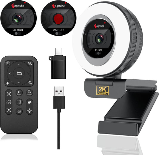 Angetube Webcam, 2K Streaming Webcam with Ring Light, HDR Laptop Camera with Remote, Dual Stereo Microphone and Privacy Cover, Auto Focus 5X Zoom in, Computer Camera for Zoom/Skype/Teams/Webex
