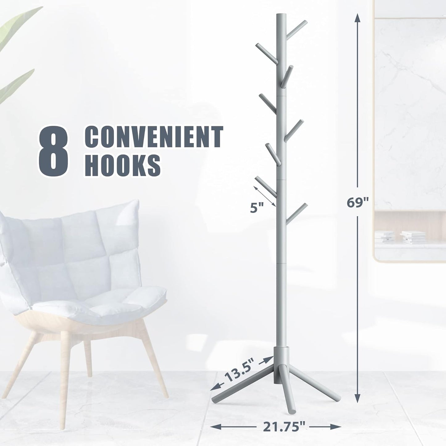Haddockway Wooden Coat Rack Stand with 8 Hooks New Zealand Pine 3 Adjustable Coat Standing Tree Easy Assembly for Coats, Hats, Scarves and Handbags for Entryway, Hallway, Bedroom, Office - Lumora Desk