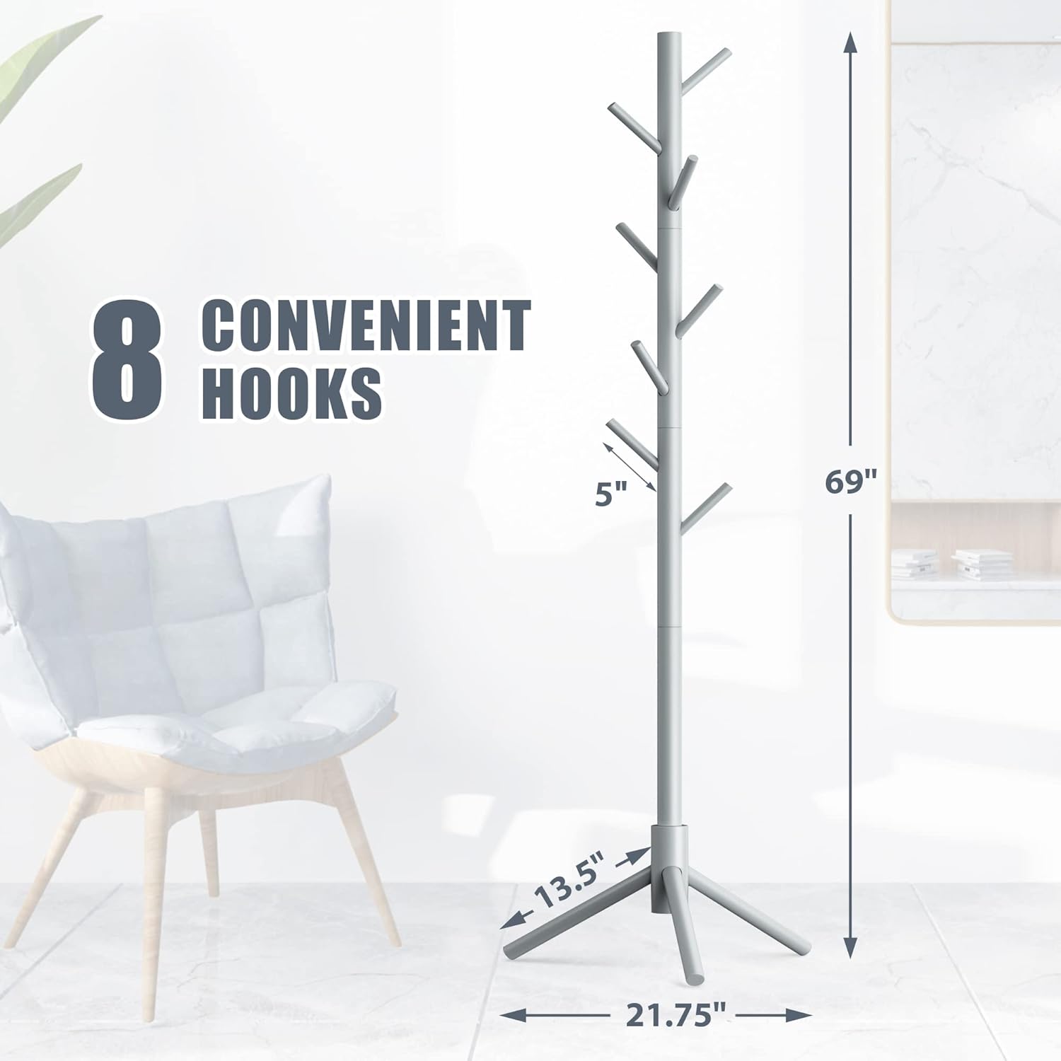 Haddockway Wooden Coat Rack Stand with 8 Hooks New Zealand Pine 3 Adjustable Coat Standing Tree Easy Assembly for Coats, Hats, Scarves and Handbags for Entryway, Hallway, Bedroom, Office - Lumora Desk