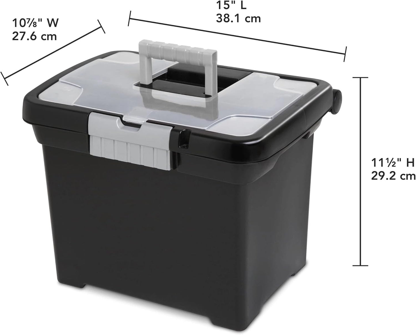 Portable File Storage Box with Handle, Stackable and Lockable Document Organizer, Plastic Filing Box for Home Office, Closet, 15 x 10.9 x 11.5 Inches, Black