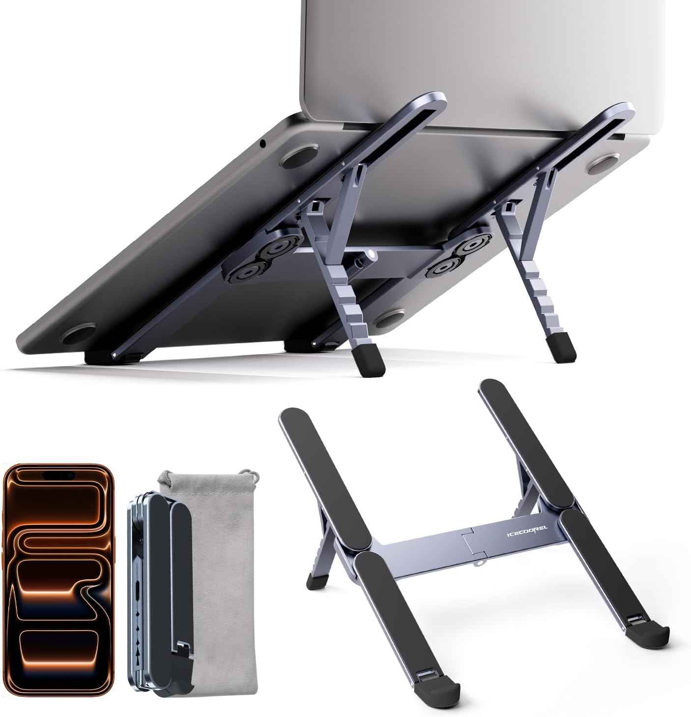 ICE COOREL Portable Laptop Stand, Foldable Laptop Riser for Desk, 6-Level Adjustable Ergonomic Computer Stand, Premium Aluminum Alloy Notebook Holder Compatible with 10-17 Inch Laptops & Tablets