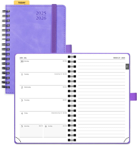 POPRUN Planner 2025-2026 Weekly Notebook (Pocket Size 4''x 6.25''), Small Academic Calendar for Purse with Spiral Soft Cover, Plastic Ruler, Inner Pocket, 100 GSM - Lilac