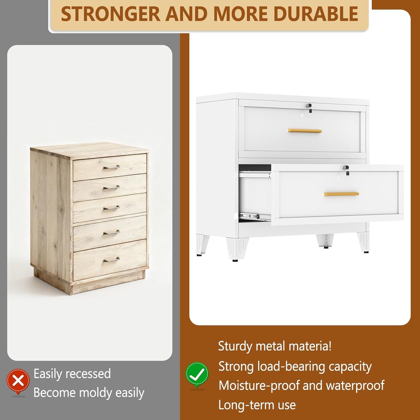 Metal Lateral File Cabinet with Lock,2 Drawer Steel Wide Filing Organization Storage Cabinets for Legal/Letter/A4/F4 Size with Hanging Files&Key,Lockable Printer Stand for Home Office, White