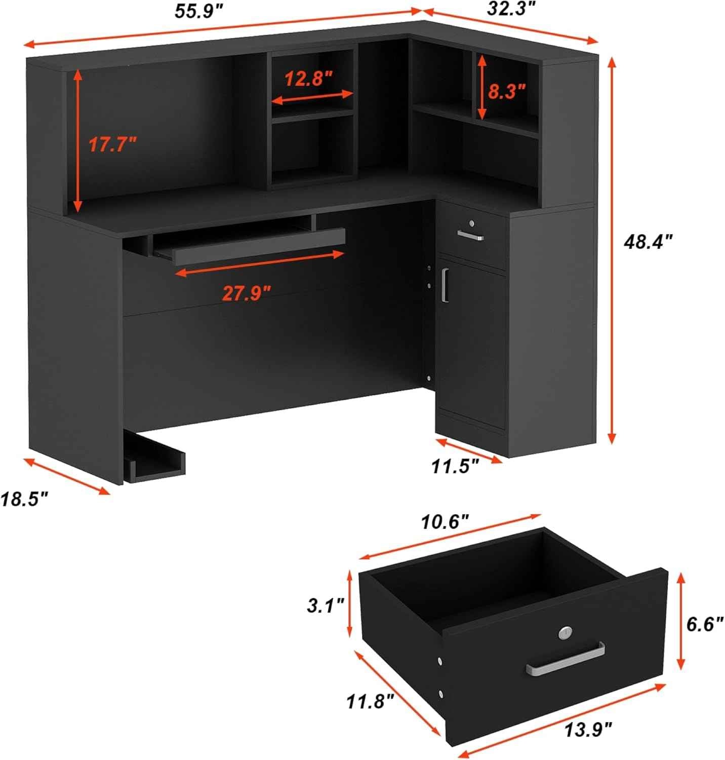 Modern Reception Desk Counter Table, L-Shap Reception Room Front Desk with Lockable Drawer & Open Shelves, Retail Counter for Salon Checkout Office, Black (55.9" W x 32.3" D x 48.4" H)