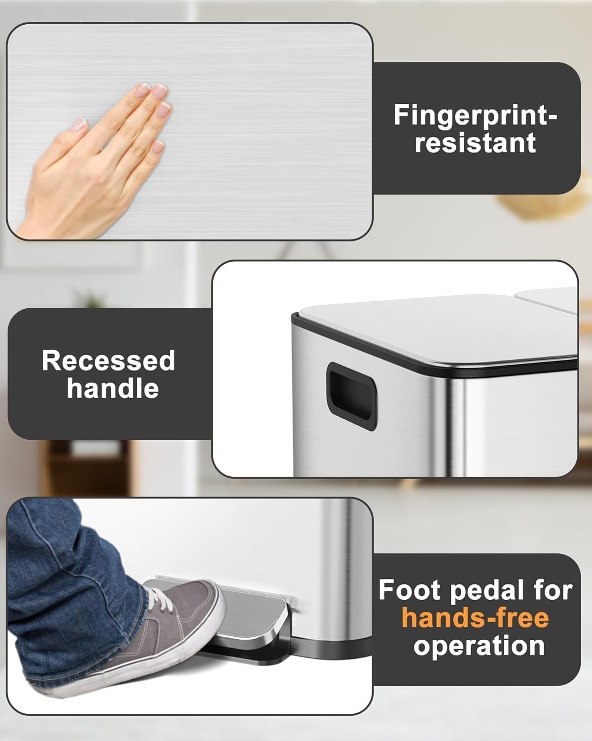 90L/23.8Gal Gallon Three-Compartment Pedal Stainless Steel Kitchen Recycling Trash Can with Odor Seal, Hands-Free Foot Operated Waste Bin for Home, Office, Restaurant, School, Hospital