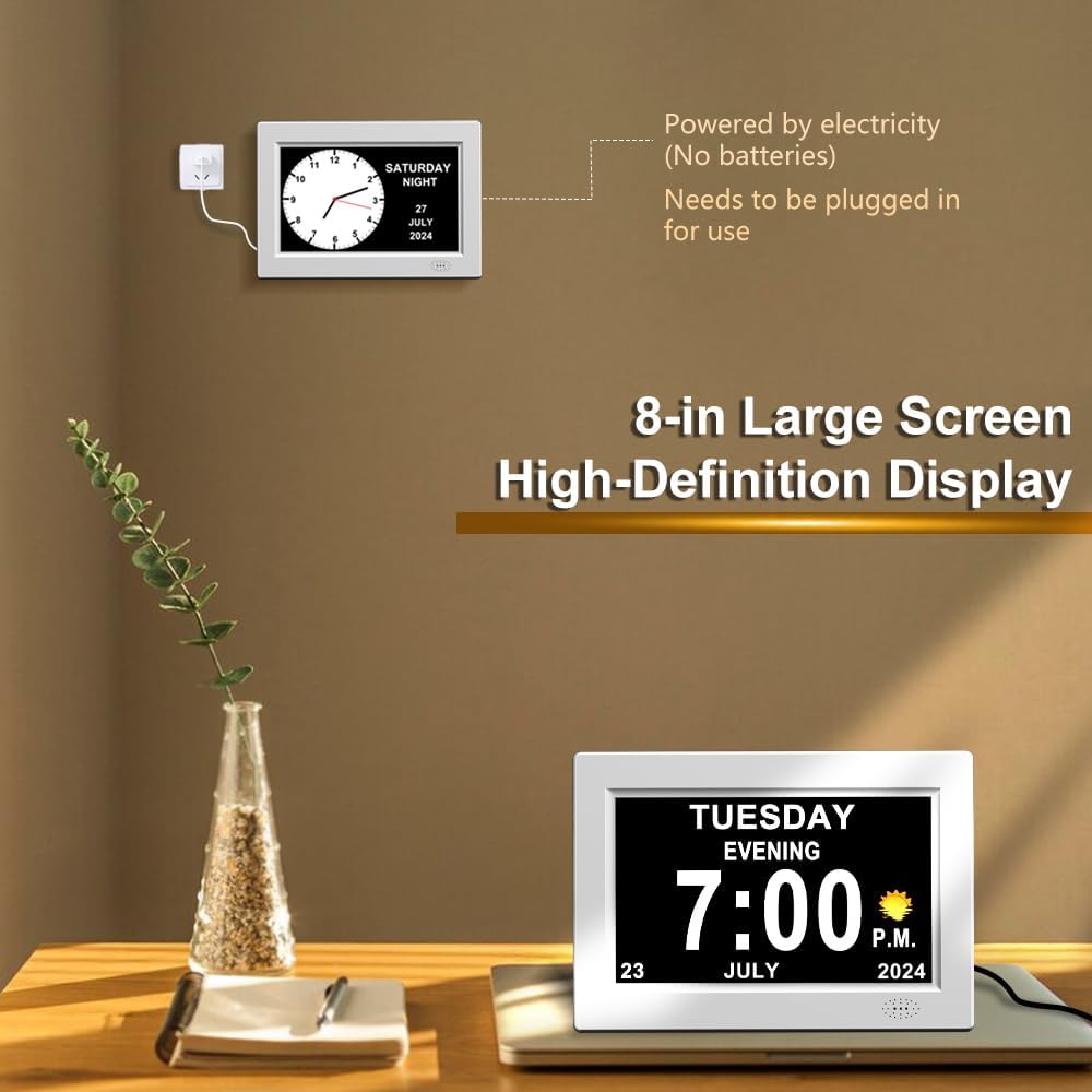 8inch Extra Large Impaired Vision Digital Alarm Clock with Day and Time for Elderly Calendar Clock Auto Dimmable Clock