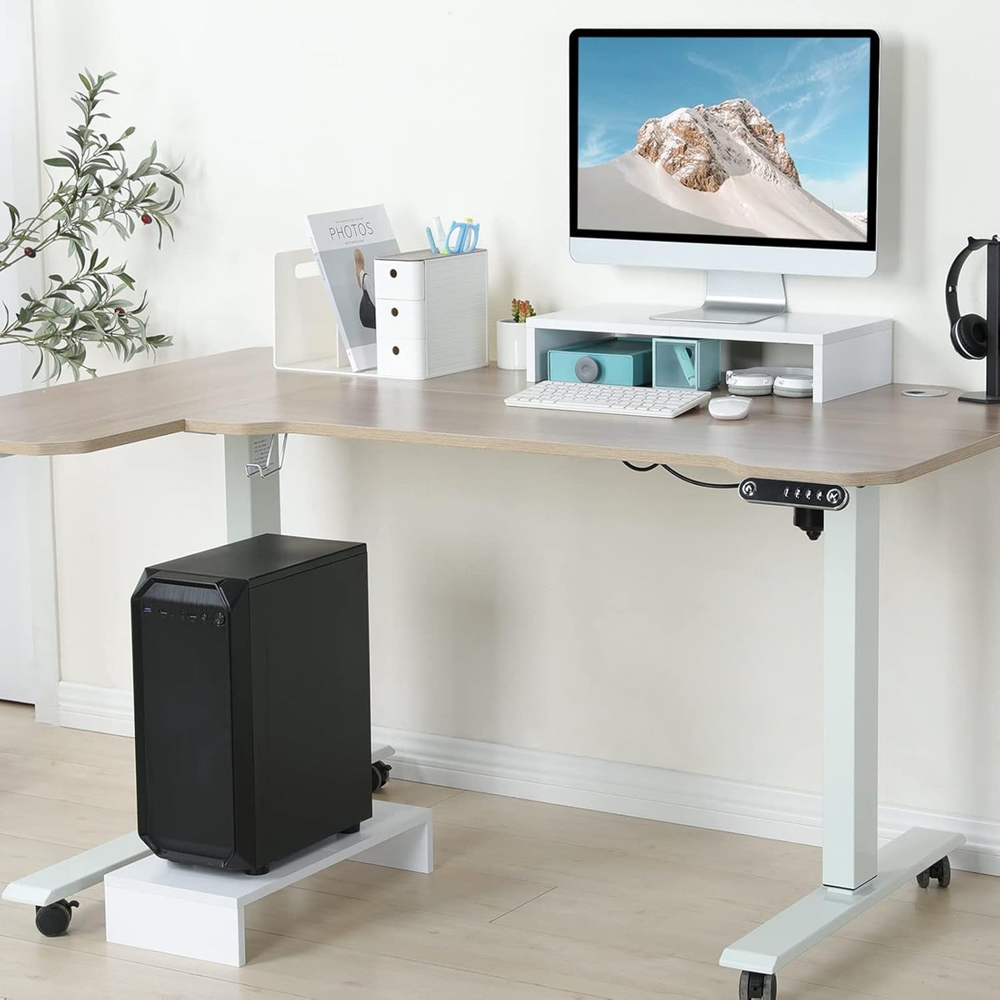 TEAMIX 20 inch White Monitor Stand Riser, Wood Desktop Stand for PC/TV/Laptop/Printer, White Monitor Riser with Storage, Computer Stand with Keyboard Organizer