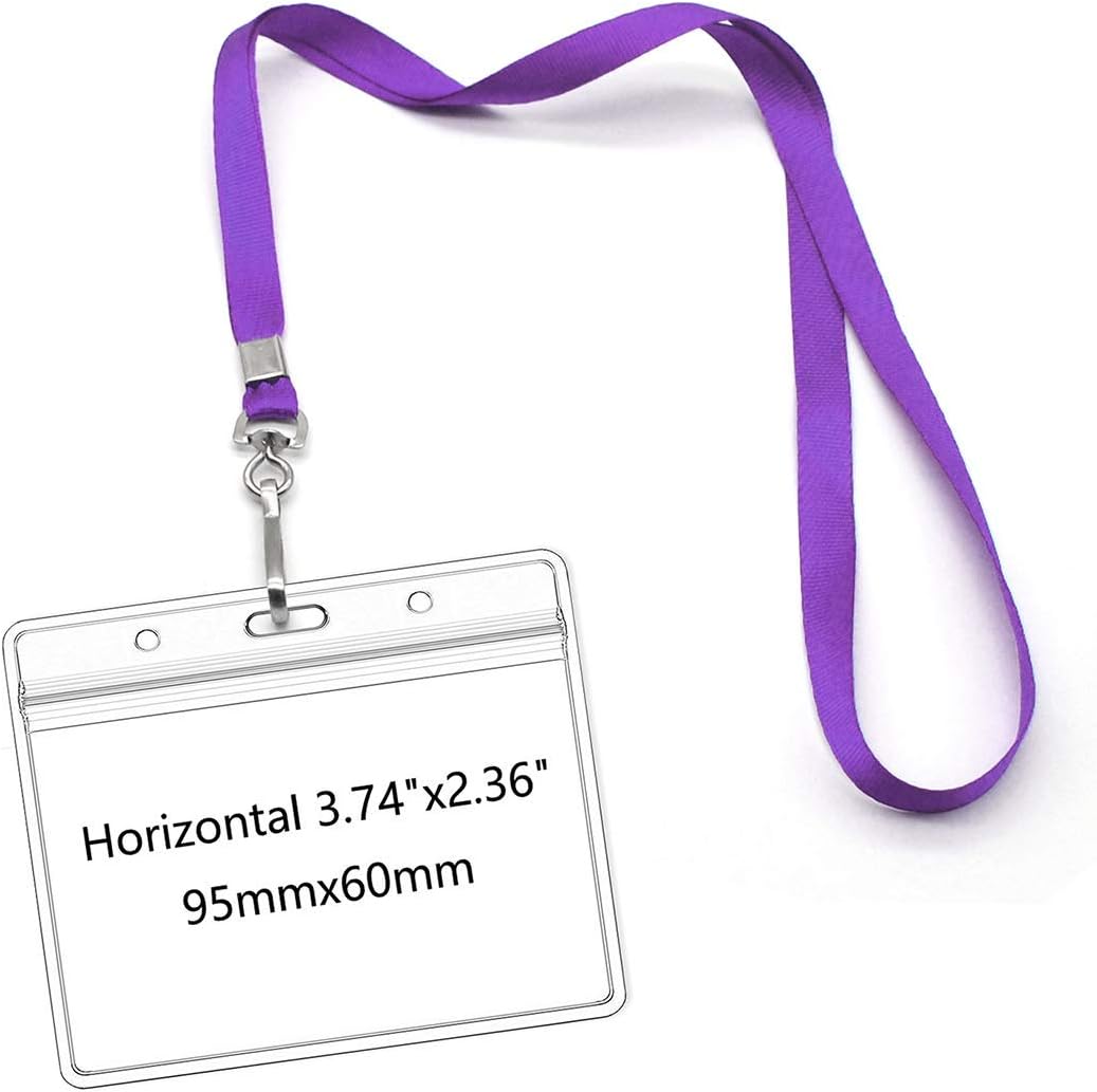 Lanyards with Id Holder Name Badges Waterproof Name tag Badge Holders with Neck Lanyard Swivel J-Hook Clip 50 Pack (Purple, Horizontal)
